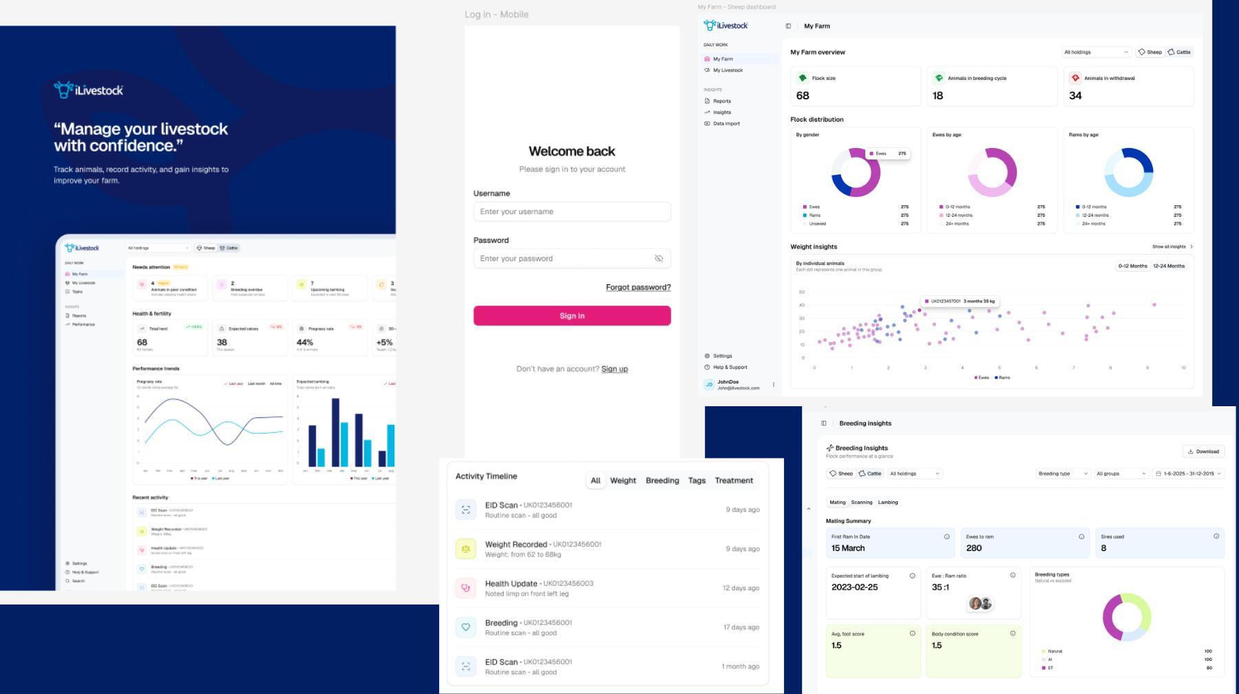 iLivestock dashboard screenshots showing updated home overview, navigation, and improved layout for a clearer and more user-friendly experience.